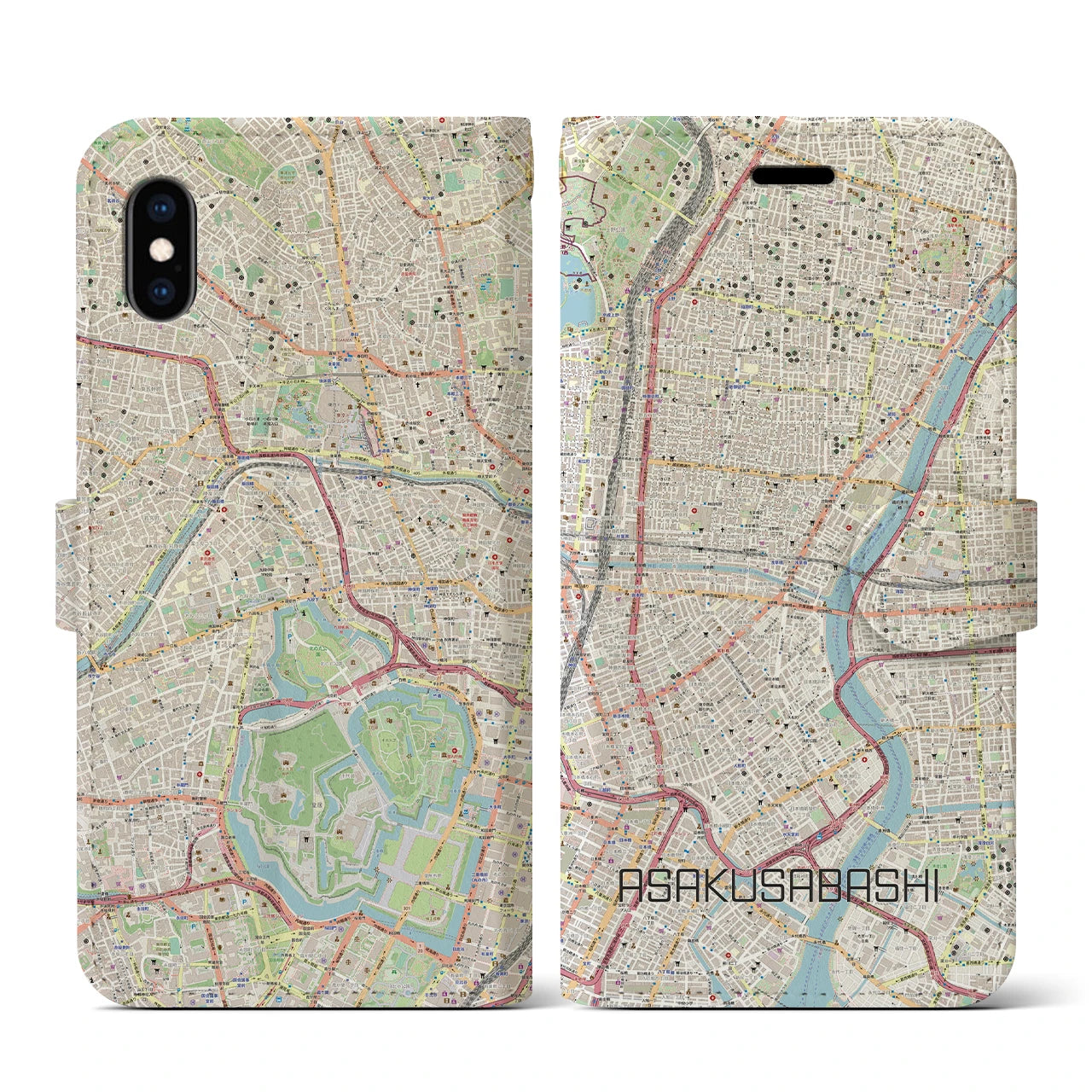 【浅草橋】地図柄iPhoneケース（手帳両面タイプ・ナチュラル）iPhone XS / X 用