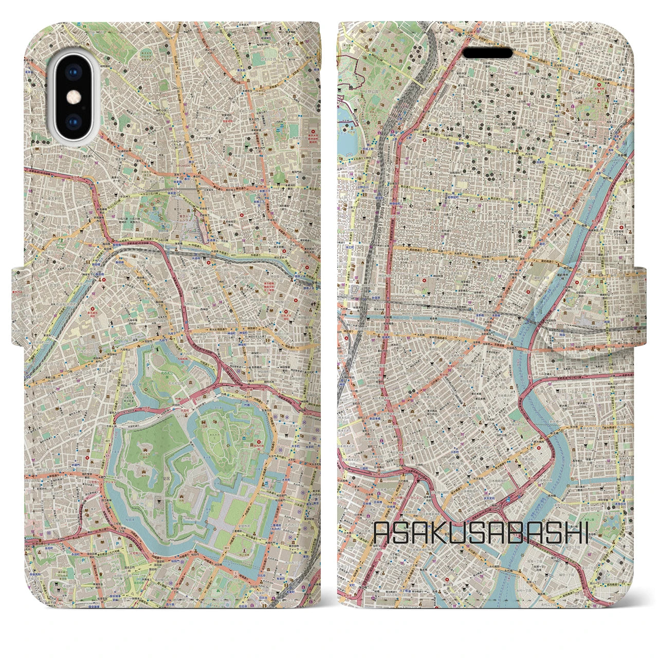 【浅草橋】地図柄iPhoneケース（手帳両面タイプ・ナチュラル）iPhone XS Max 用