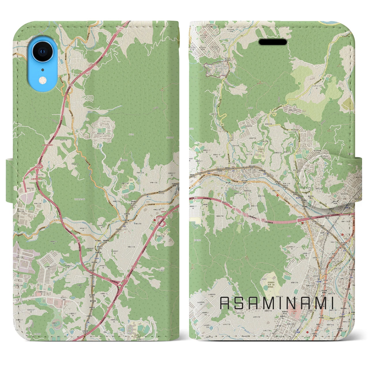 【安佐南】地図柄iPhoneケース（手帳両面タイプ・ナチュラル）iPhone XR 用