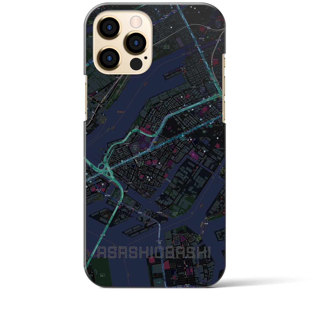 【朝潮橋】地図柄iPhoneケース（バックカバータイプ・ブラック）iPhone 12 Pro Max 用