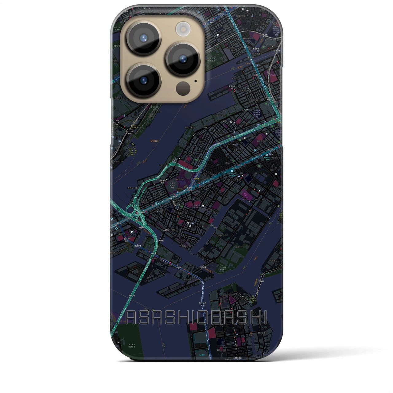 【朝潮橋】地図柄iPhoneケース（バックカバータイプ・ブラック）iPhone 14 Pro Max 用