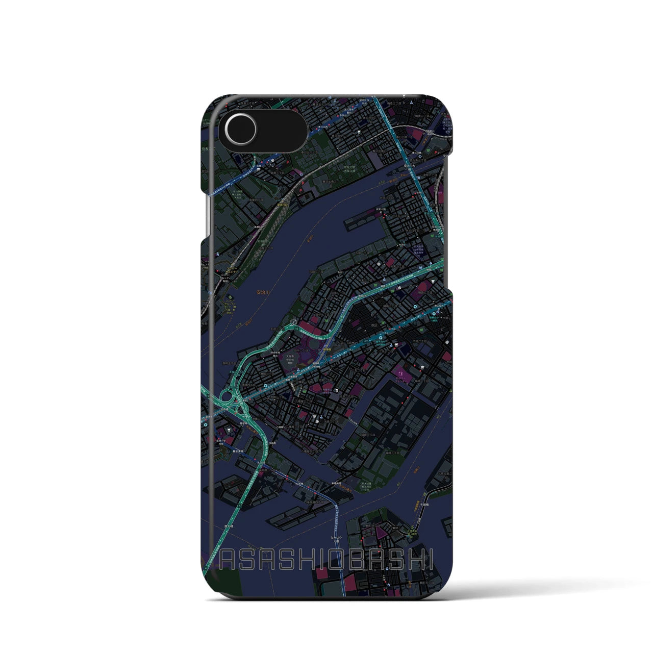 【朝潮橋】地図柄iPhoneケース（バックカバータイプ・ブラック）iPhone SE（第3 / 第2世代） / 8 / 7 / 6s / 6 用