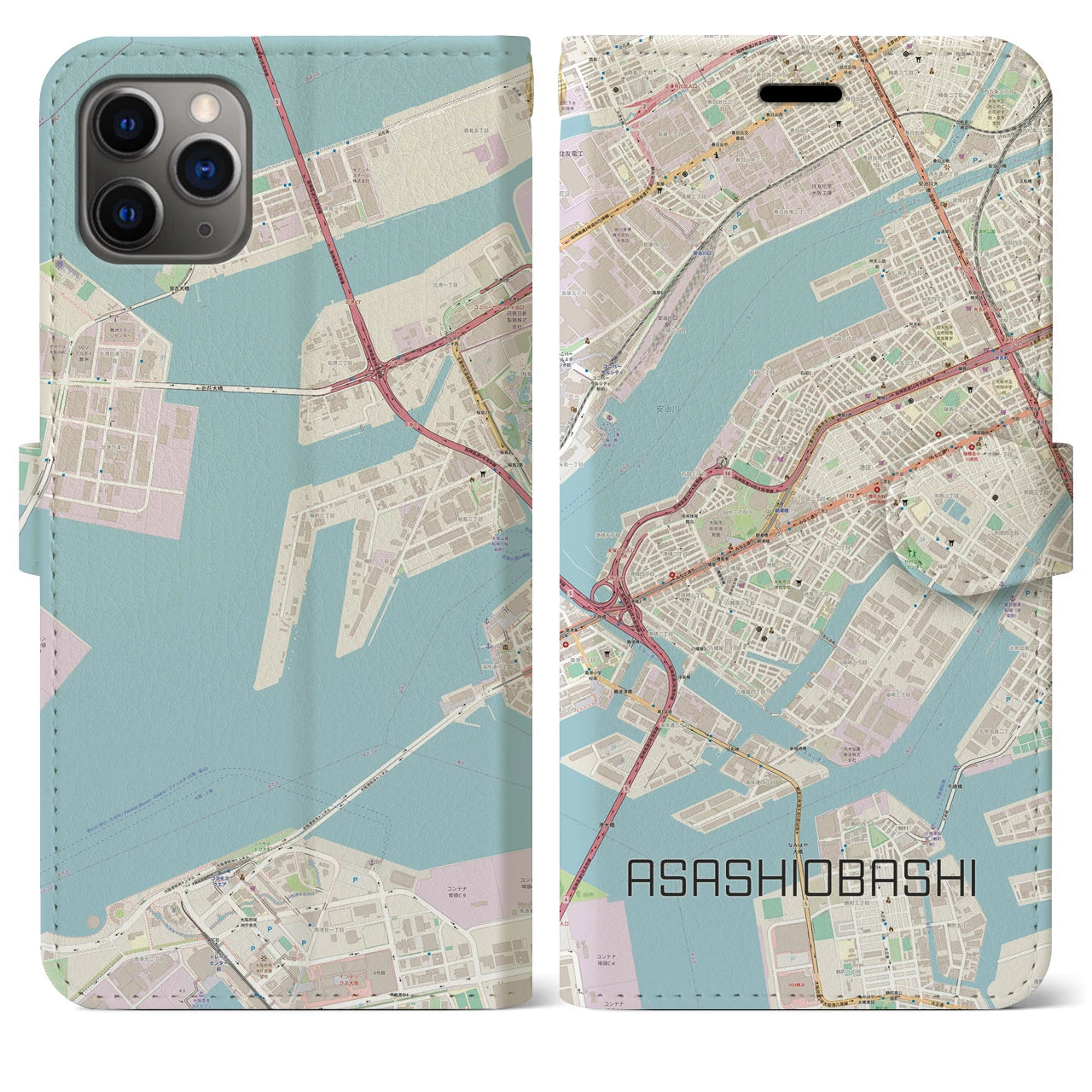 【朝潮橋】地図柄iPhoneケース（手帳両面タイプ・ナチュラル）iPhone 11 Pro Max 用