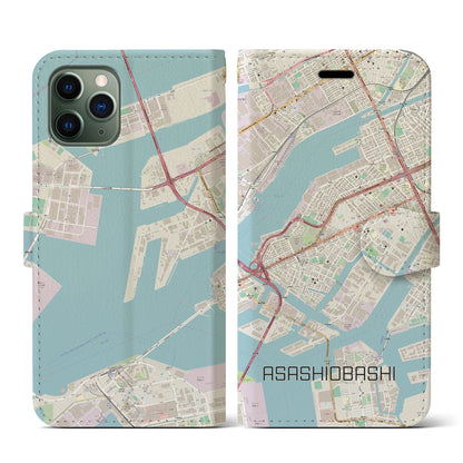 【朝潮橋（大阪府）】地図柄iPhoneケース（手帳タイプ）ナチュラル・iPhone 11 Pro 用