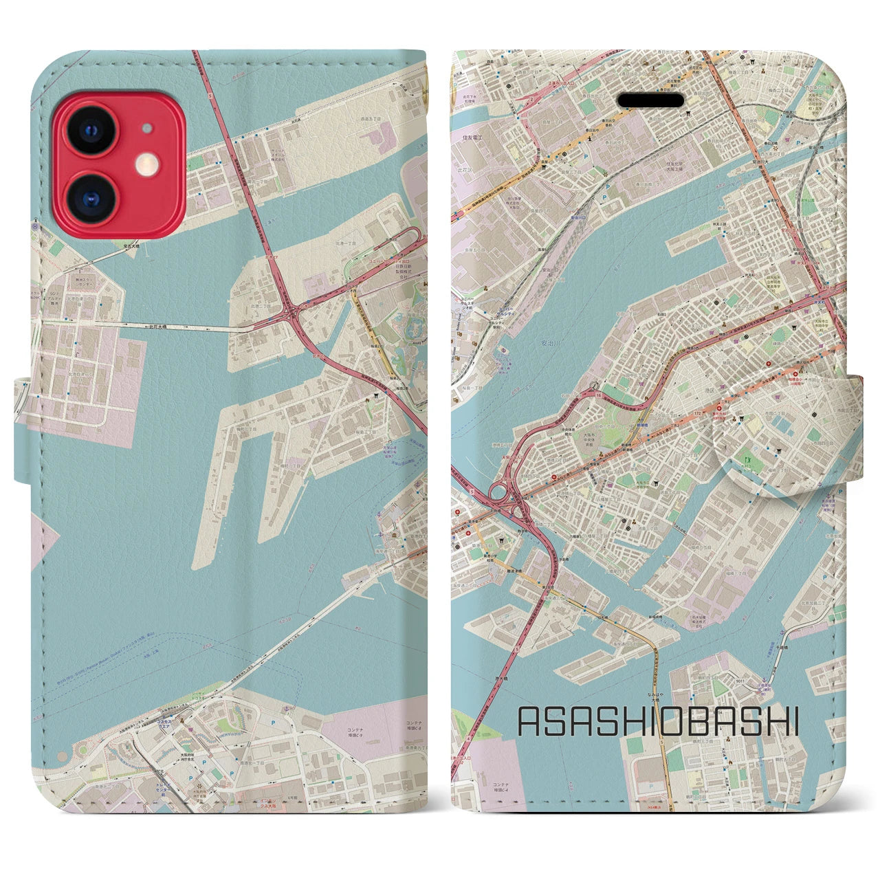 【朝潮橋】地図柄iPhoneケース（手帳両面タイプ・ナチュラル）iPhone 11 用