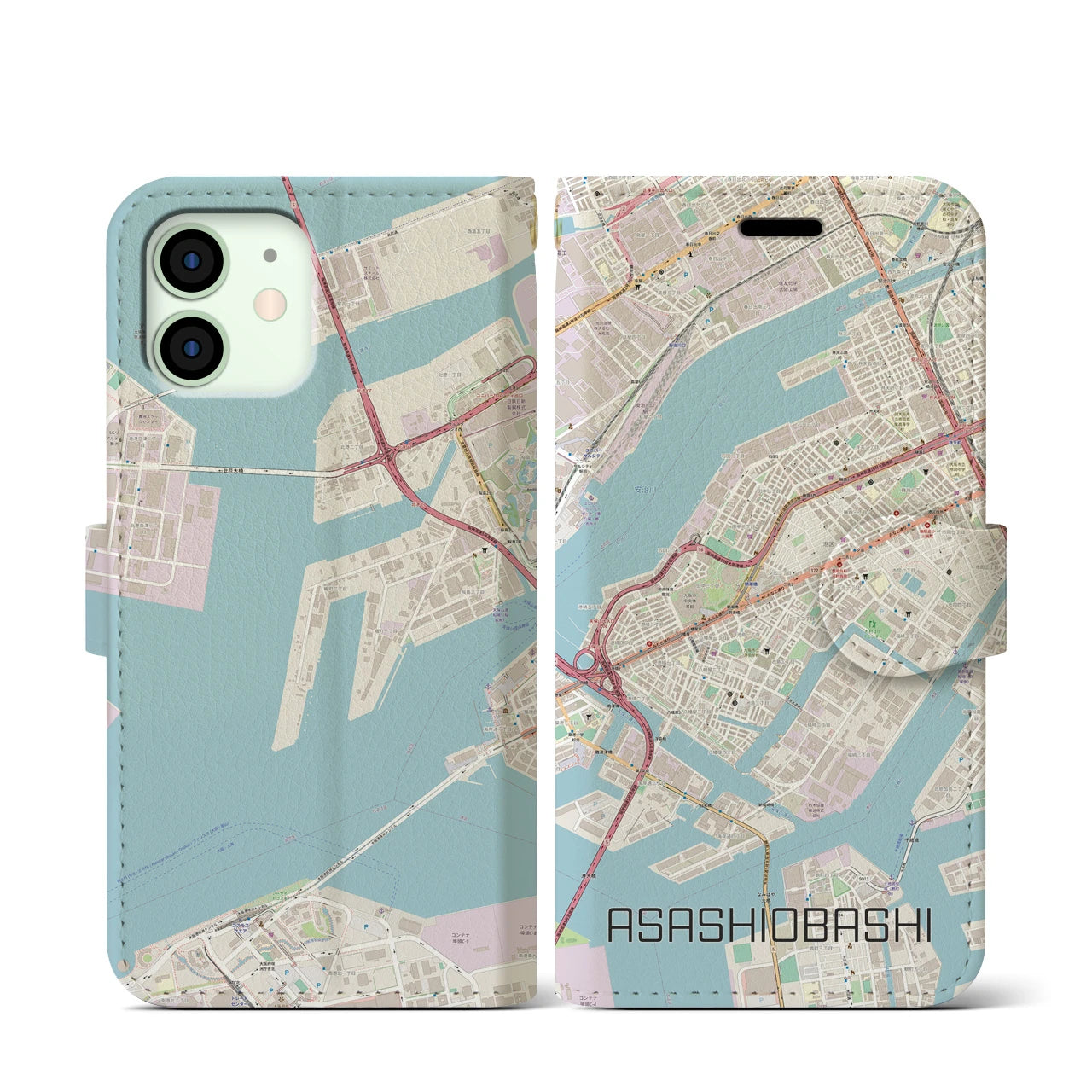 【朝潮橋】地図柄iPhoneケース（手帳両面タイプ・ナチュラル）iPhone 12 mini 用