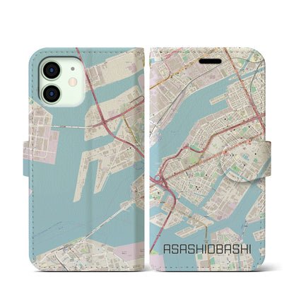 【朝潮橋（大阪府）】地図柄iPhoneケース（手帳タイプ）ナチュラル・iPhone 12 mini 用