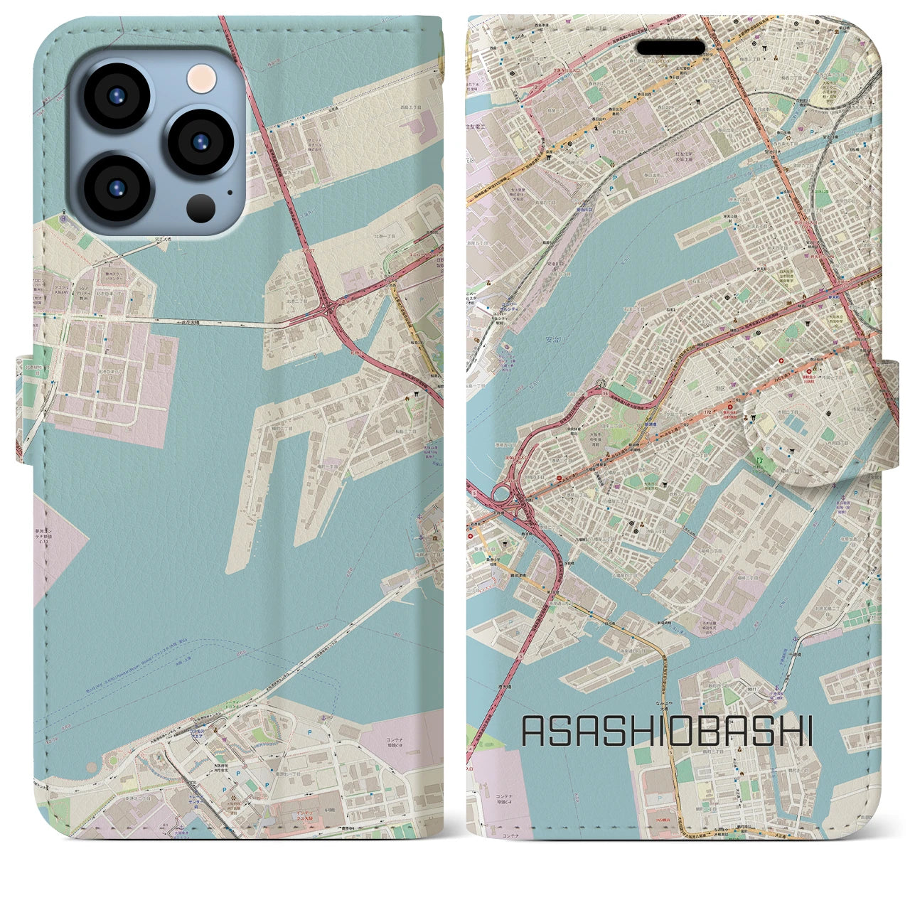 【朝潮橋】地図柄iPhoneケース（手帳両面タイプ・ナチュラル）iPhone 13 Pro Max 用