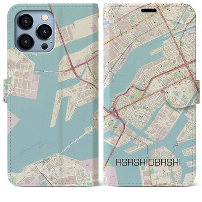 【朝潮橋（大阪府）】地図柄iPhoneケース（手帳タイプ）ナチュラル・iPhone 13 Pro Max 用
