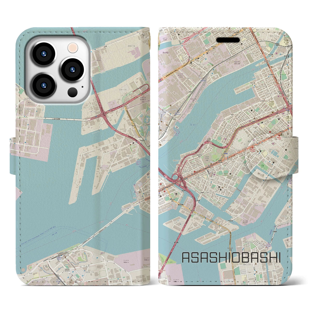 【朝潮橋】地図柄iPhoneケース（手帳両面タイプ・ナチュラル）iPhone 13 Pro 用