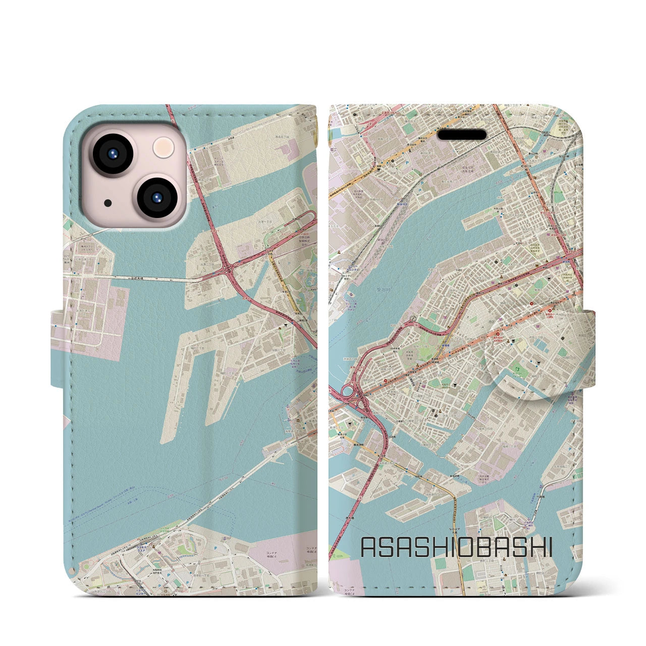 【朝潮橋】地図柄iPhoneケース（手帳両面タイプ・ナチュラル）iPhone 13 mini 用