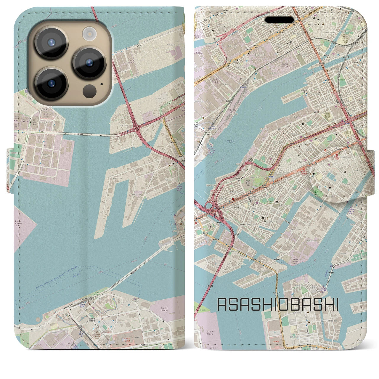 【朝潮橋】地図柄iPhoneケース（手帳両面タイプ・ナチュラル）iPhone 14 Pro Max 用