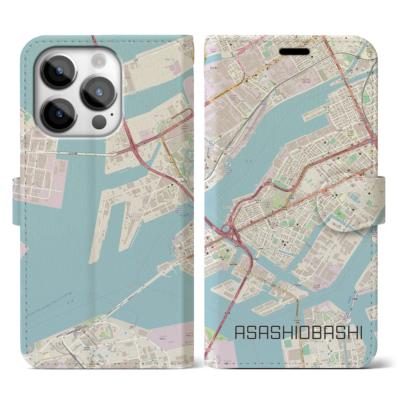 【朝潮橋】地図柄iPhoneケース（手帳両面タイプ・ナチュラル）iPhone 14 Pro 用