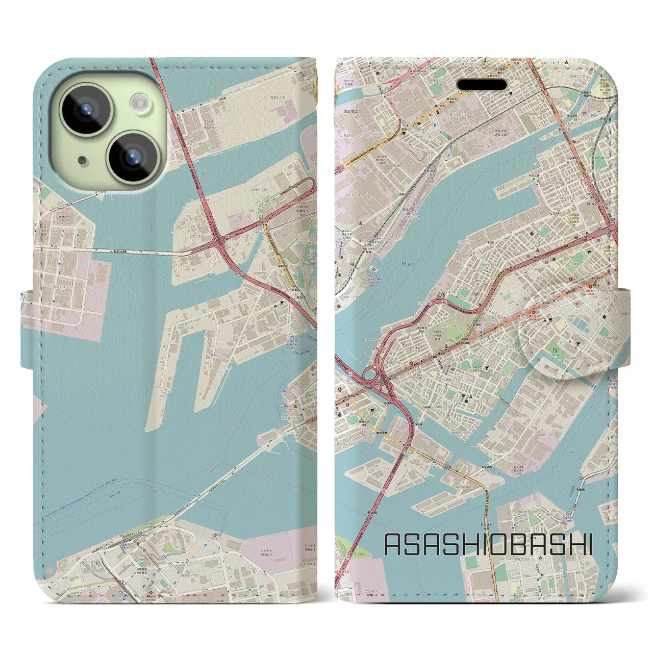 【朝潮橋】地図柄iPhoneケース（手帳両面タイプ・ナチュラル）iPhone 15 用