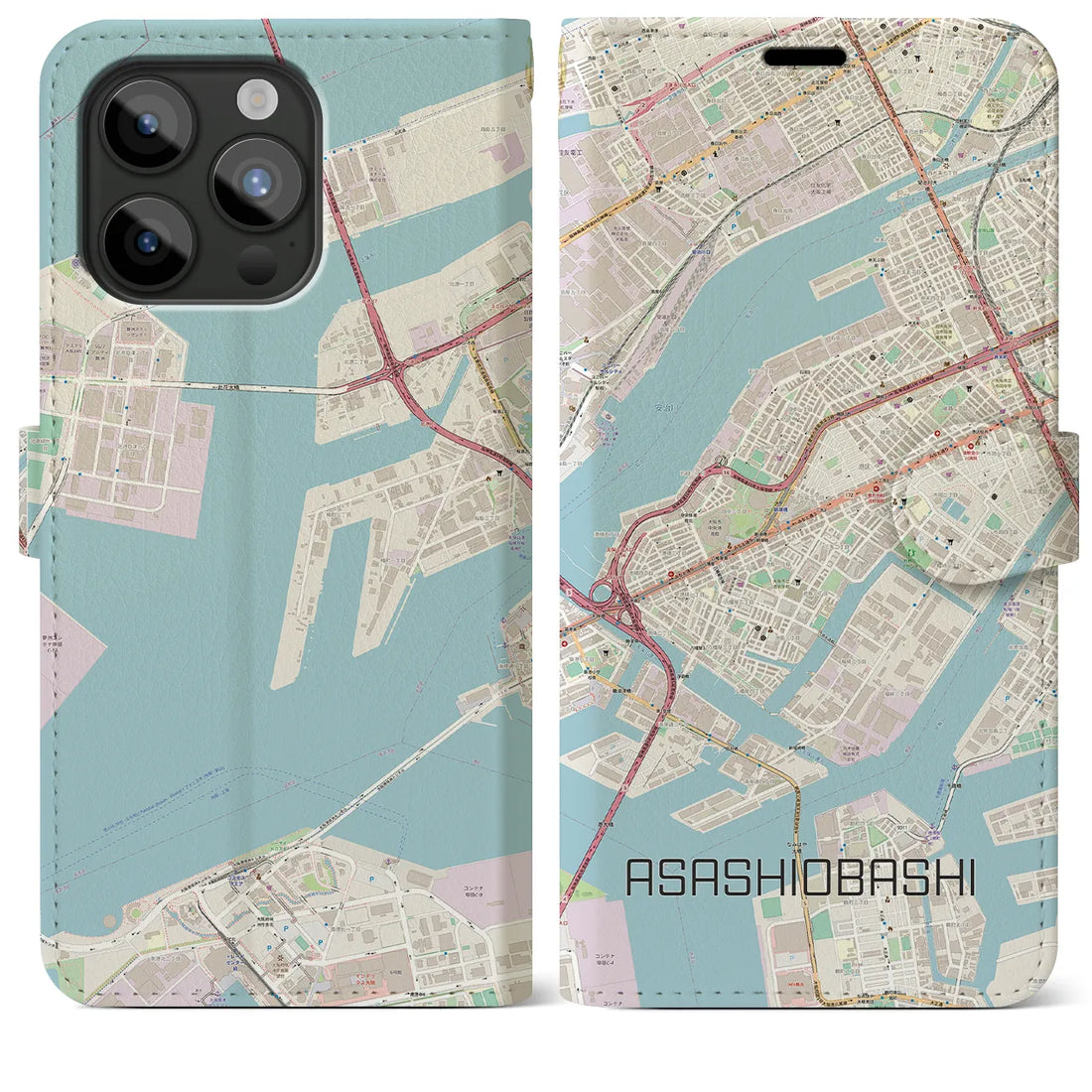 【朝潮橋】地図柄iPhoneケース（手帳両面タイプ・ナチュラル）iPhone 15 Pro Max 用