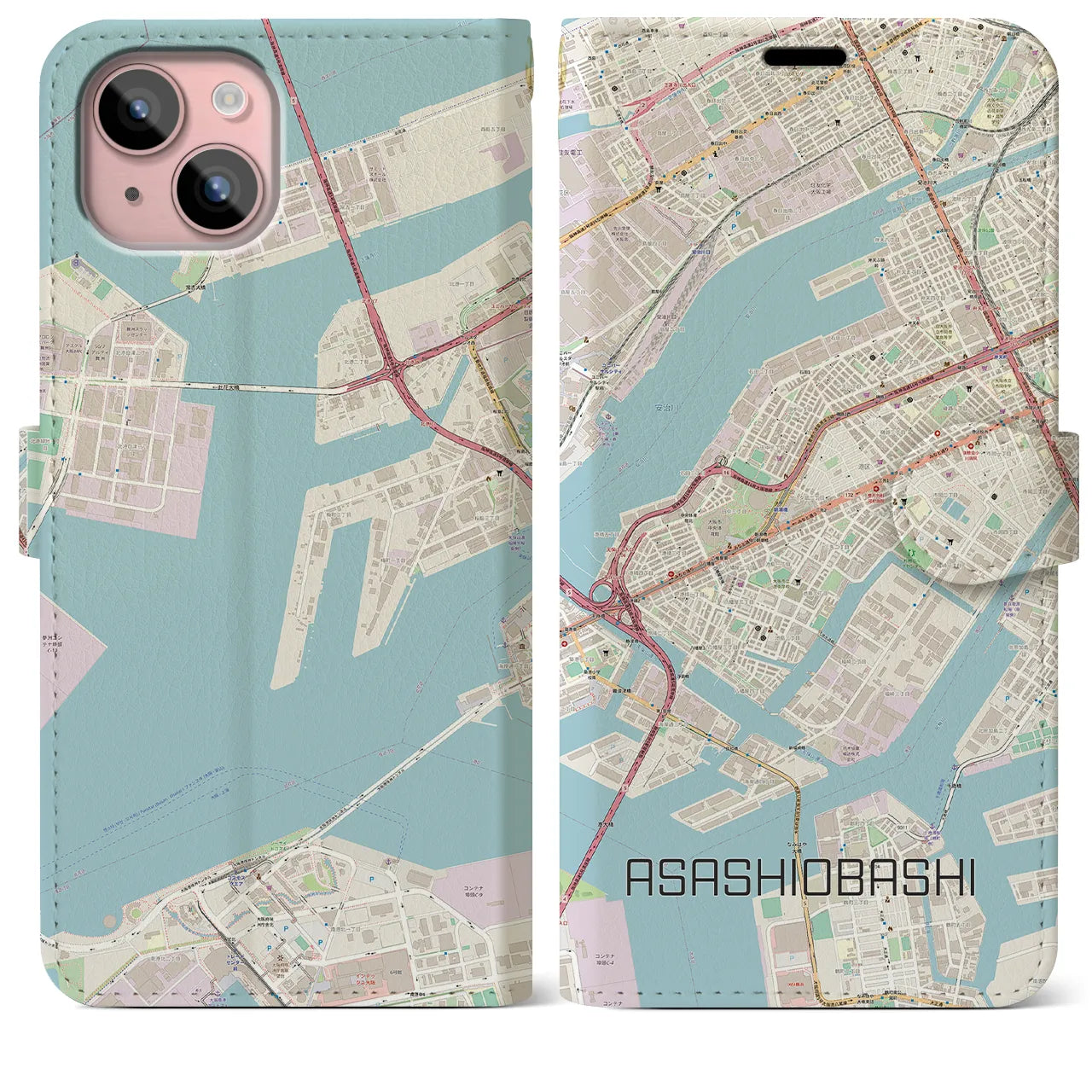 【朝潮橋】地図柄iPhoneケース（手帳両面タイプ・ナチュラル）iPhone 15 Plus 用