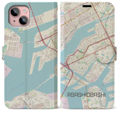 【朝潮橋（大阪府）】地図柄iPhoneケース（手帳タイプ）ナチュラル・iPhone 15 Plus 用