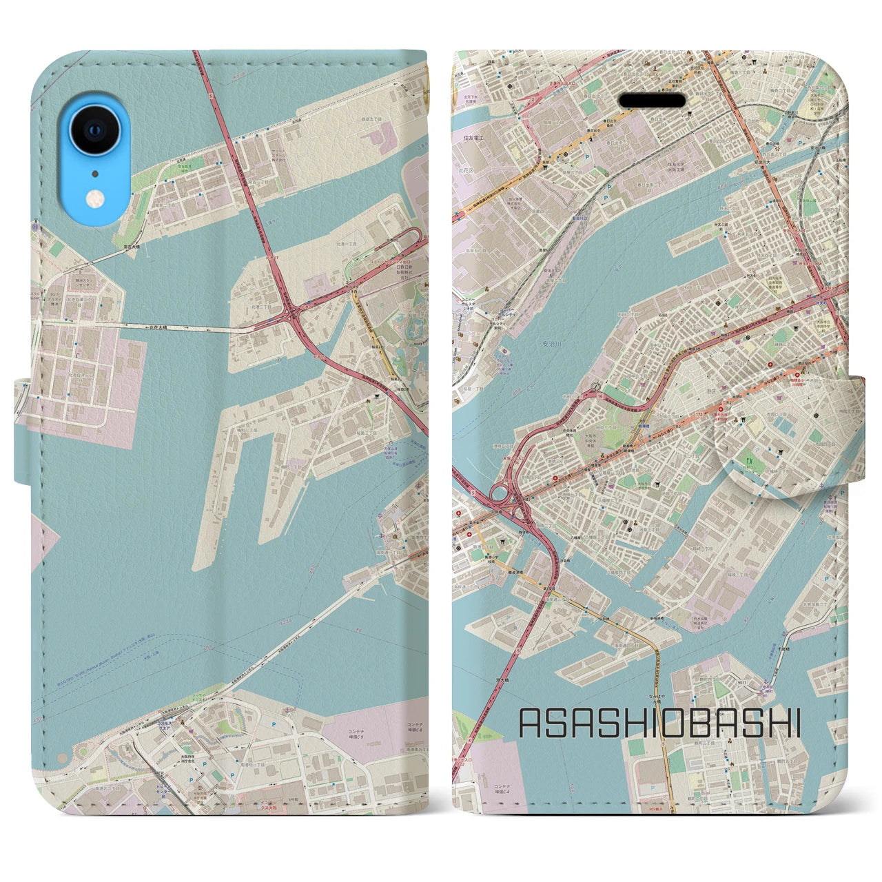 【朝潮橋】地図柄iPhoneケース（手帳両面タイプ・ナチュラル）iPhone XR 用