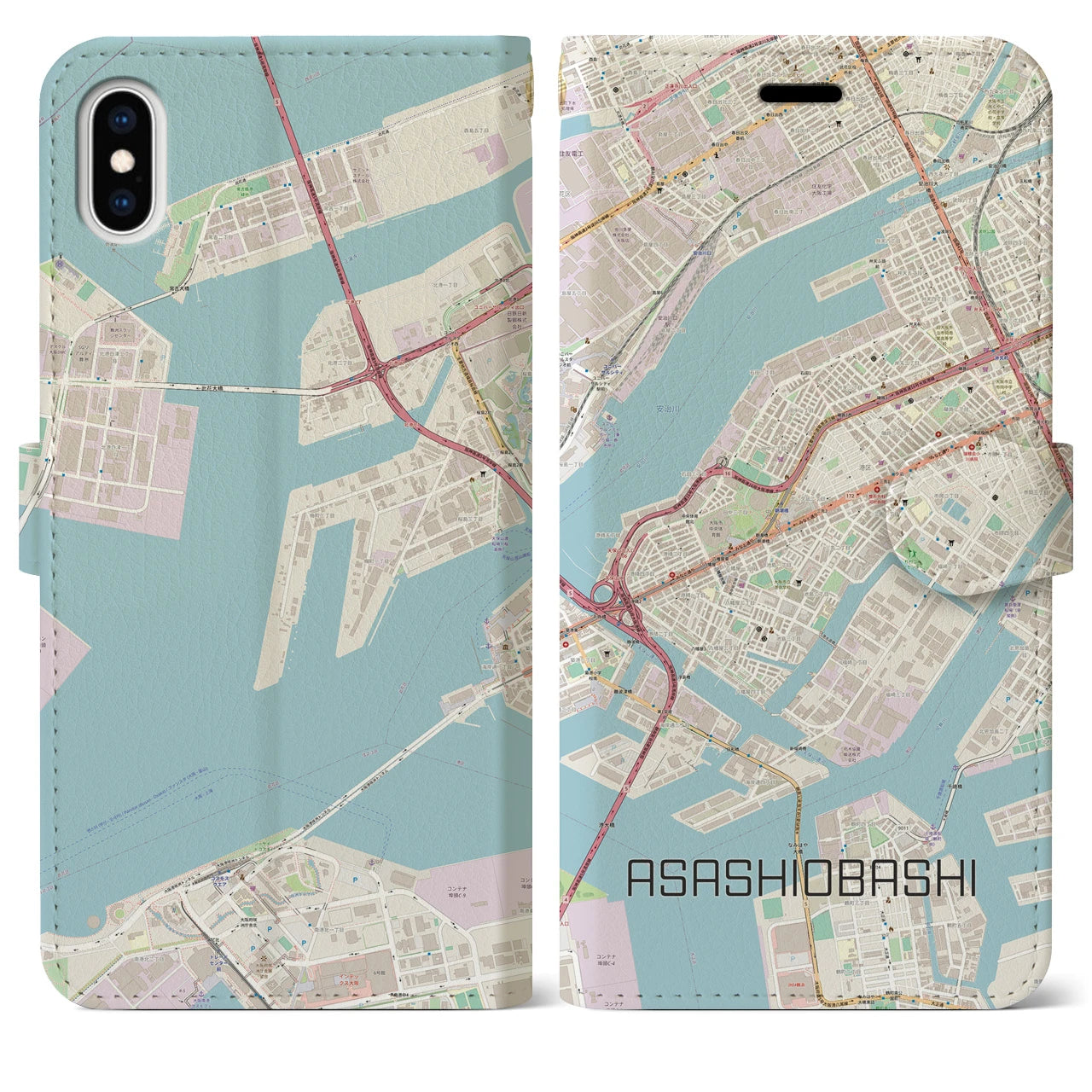 【朝潮橋】地図柄iPhoneケース（手帳両面タイプ・ナチュラル）iPhone XS Max 用