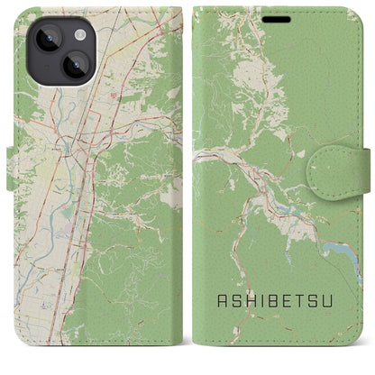 【芦別（北海道）】地図柄iPhoneケース（手帳タイプ）ナチュラル・iPhone 14 Plus 用