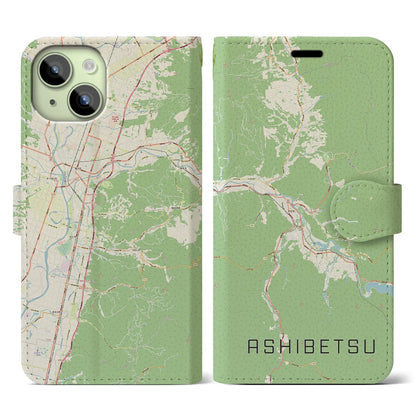 【芦別（北海道）】地図柄iPhoneケース（手帳タイプ）ナチュラル・iPhone 15 用