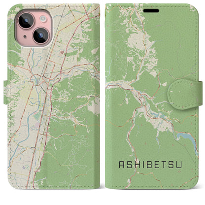 【芦別（北海道）】地図柄iPhoneケース（手帳タイプ）ナチュラル・iPhone 15 Plus 用