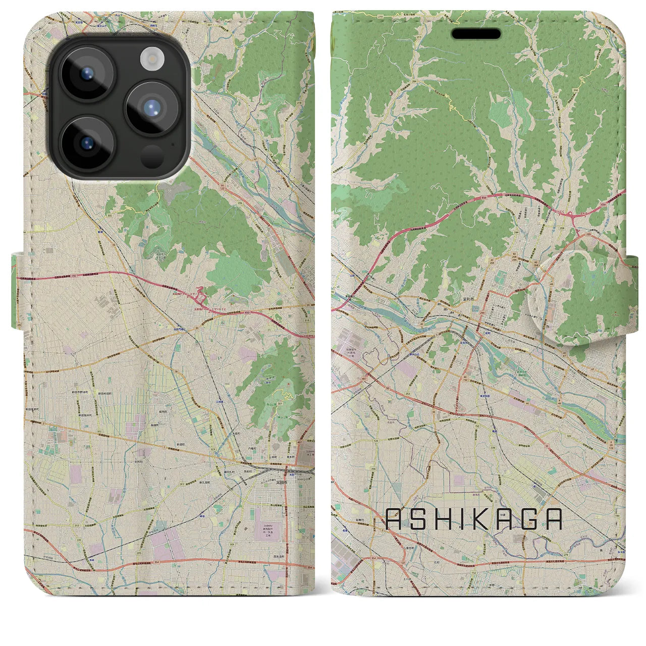 【足利】地図柄iPhoneケース（手帳両面タイプ・ナチュラル）iPhone 15 Pro Max 用