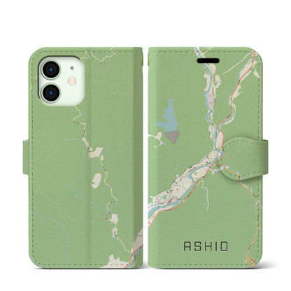 【足尾（栃木県）】地図柄iPhoneケース（手帳タイプ）ナチュラル・iPhone 12 mini 用
