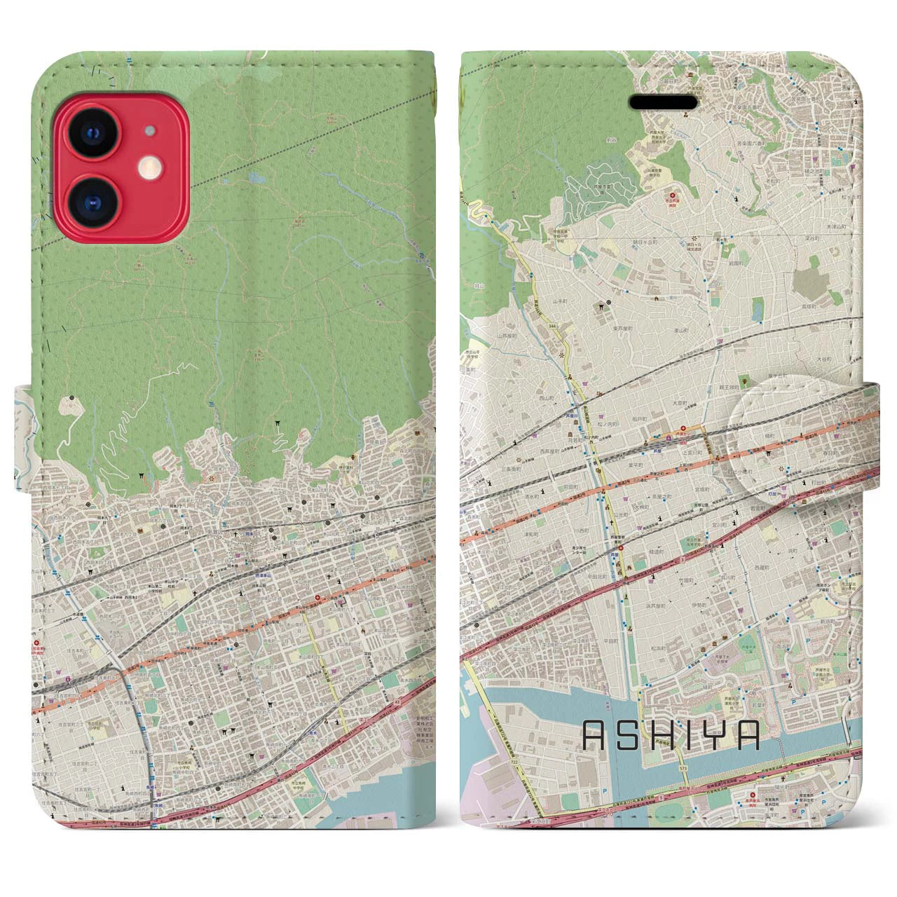 【芦屋】地図柄iPhoneケース（手帳両面タイプ・ナチュラル）iPhone 11 用