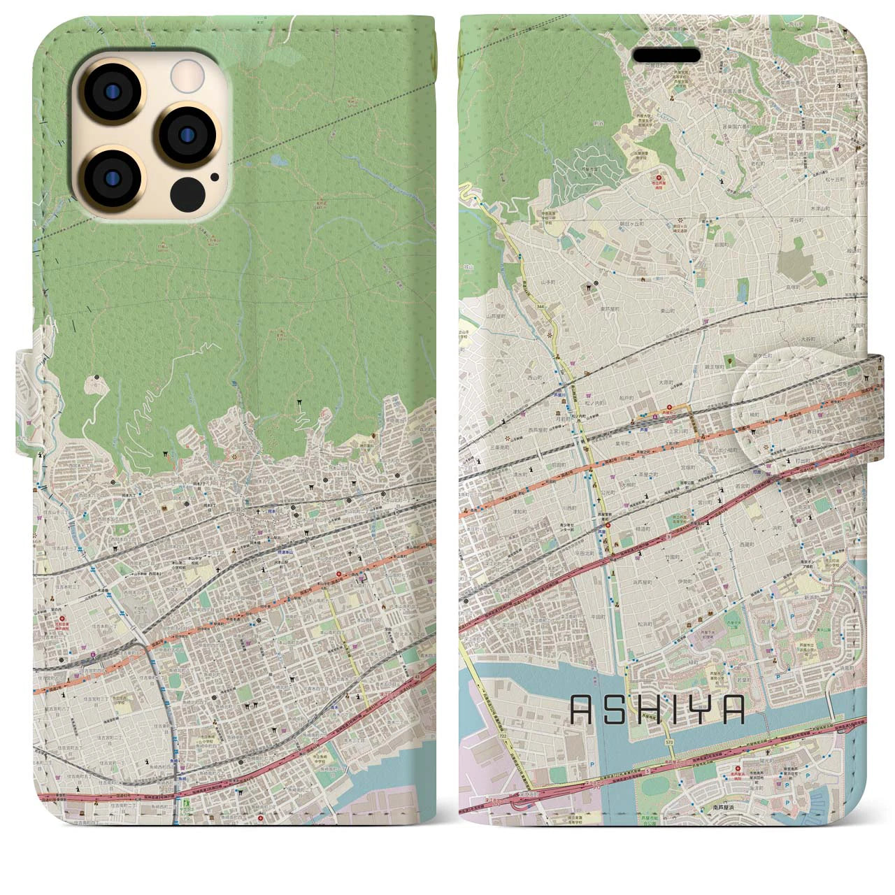 【芦屋】地図柄iPhoneケース（手帳両面タイプ・ナチュラル）iPhone 12 Pro Max 用