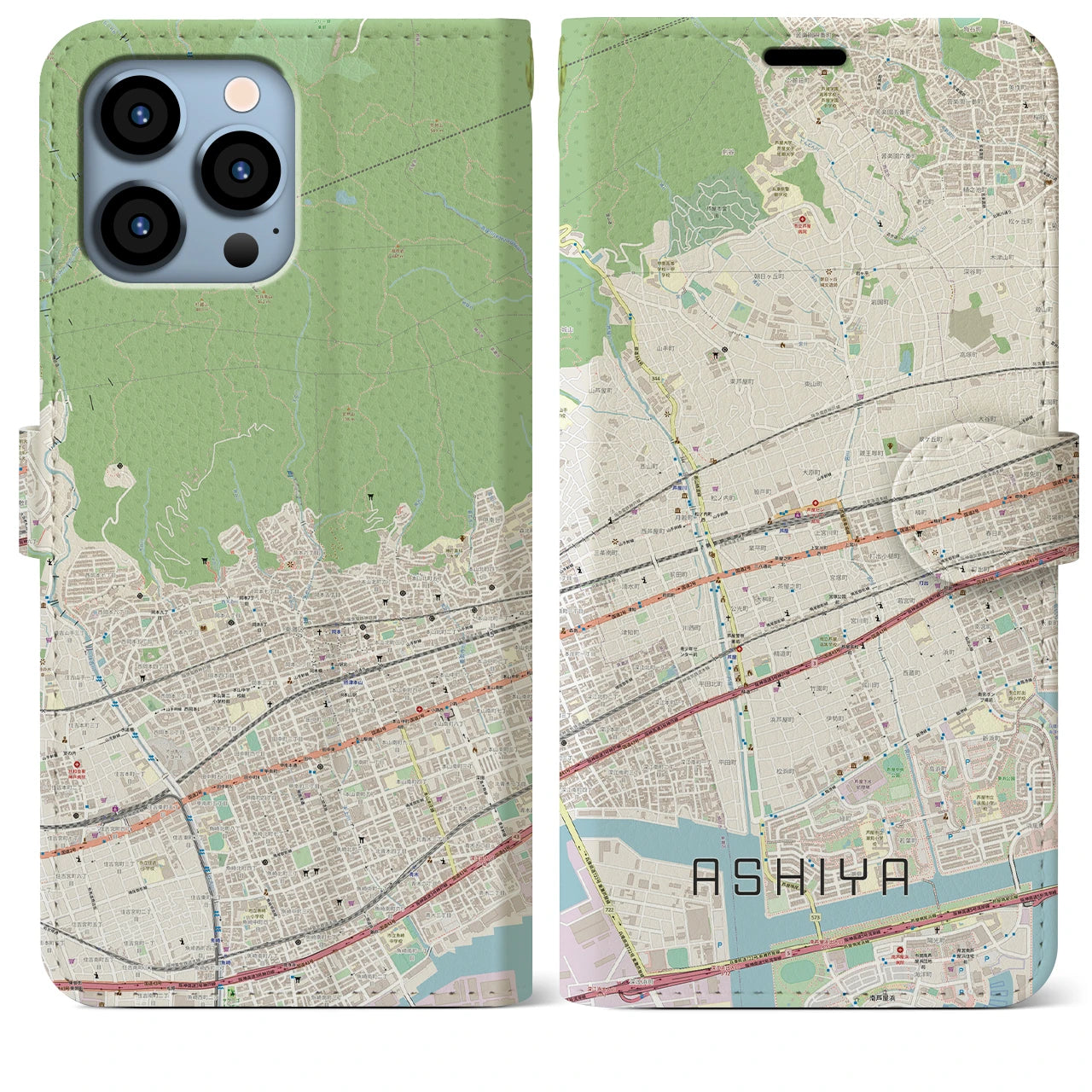【芦屋】地図柄iPhoneケース（手帳両面タイプ・ナチュラル）iPhone 13 Pro Max 用