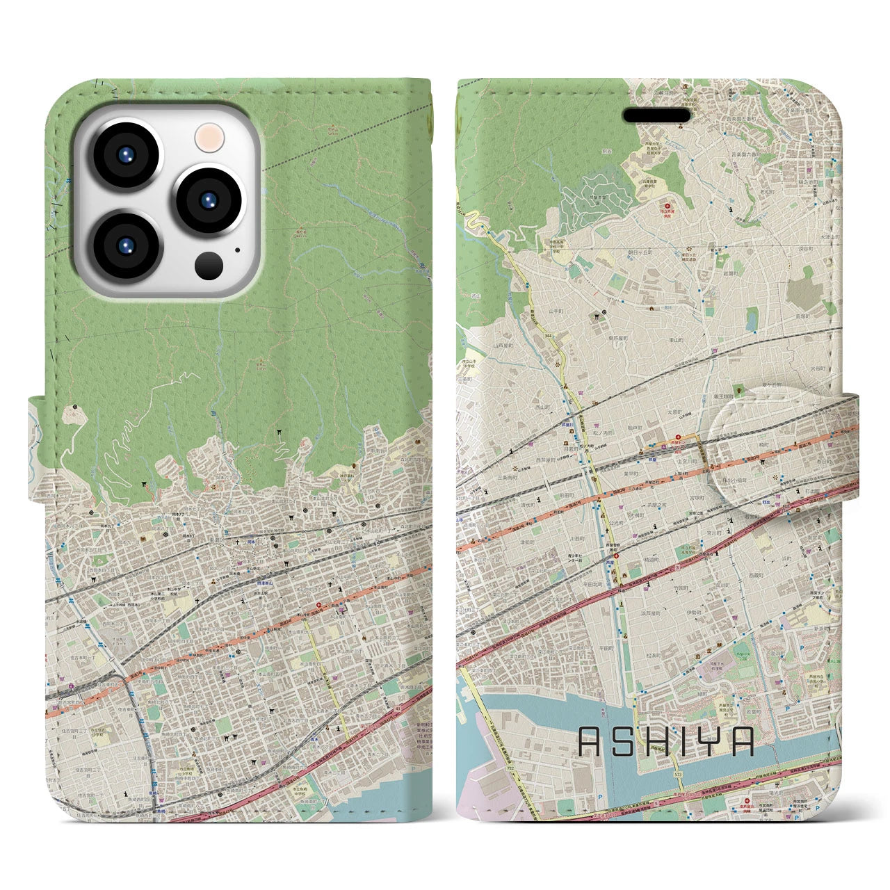 【芦屋】地図柄iPhoneケース（手帳両面タイプ・ナチュラル）iPhone 13 Pro 用