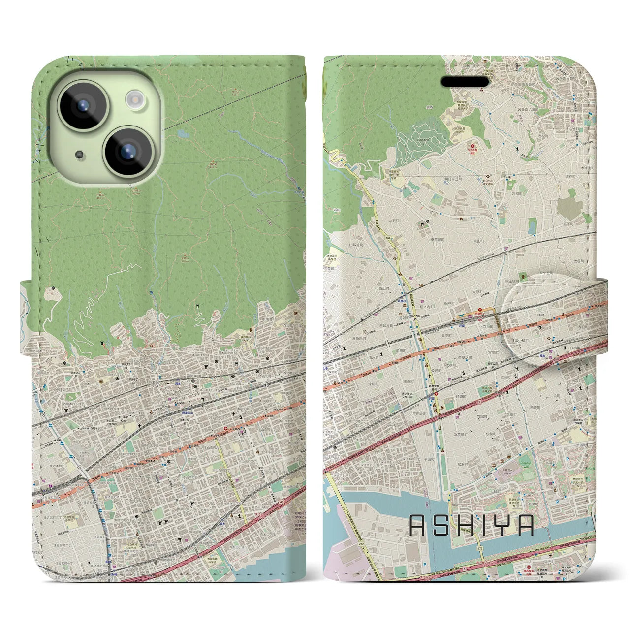 【芦屋】地図柄iPhoneケース（手帳両面タイプ・ナチュラル）iPhone 15 用
