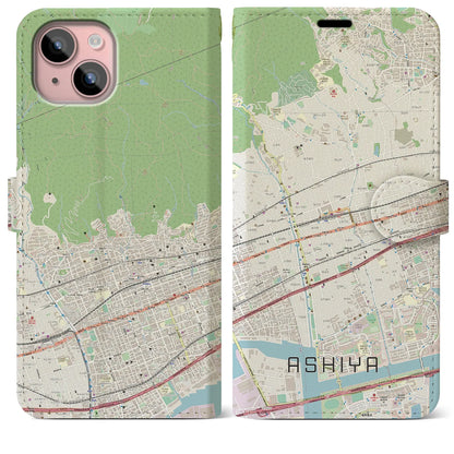 【芦屋（兵庫県）】地図柄iPhoneケース（手帳タイプ）ナチュラル・iPhone 15 Plus 用