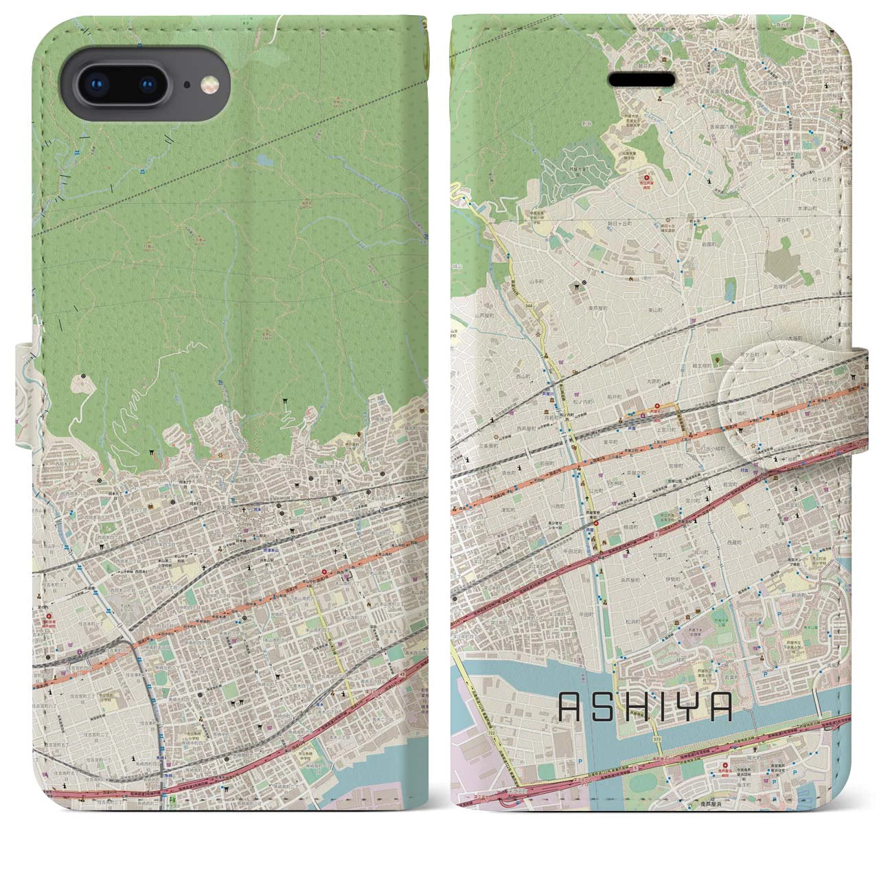 【芦屋】地図柄iPhoneケース（手帳両面タイプ・ナチュラル）iPhone 8Plus /7Plus / 6sPlus / 6Plus 用