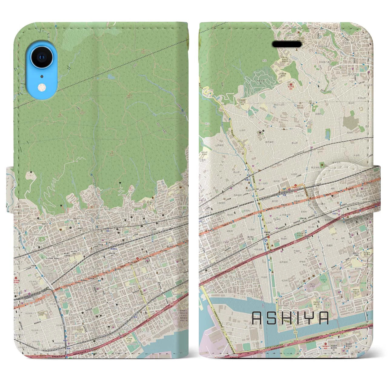 【芦屋】地図柄iPhoneケース（手帳両面タイプ・ナチュラル）iPhone XR 用
