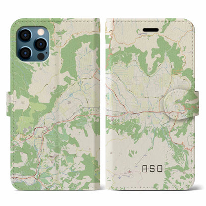 【阿蘇2（熊本県）】地図柄iPhoneケース（手帳タイプ）ナチュラル・iPhone 12 / 12 Pro 用