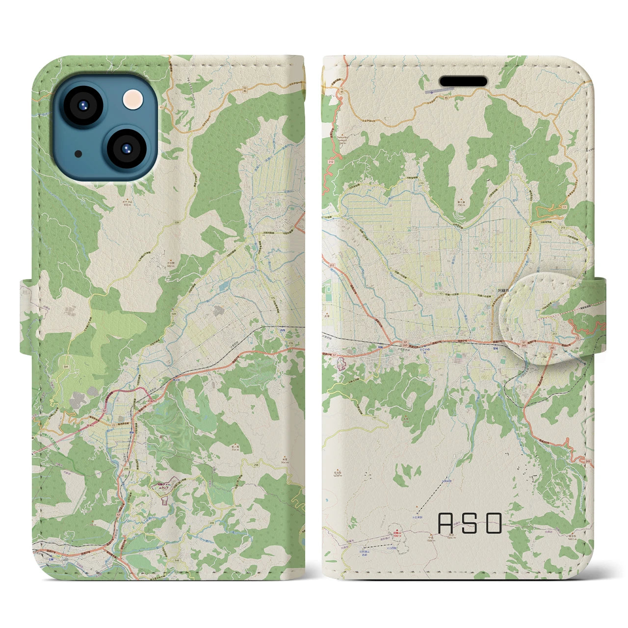 【阿蘇2】地図柄iPhoneケース（手帳両面タイプ・ナチュラル）iPhone 13 用