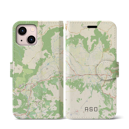 【阿蘇2（熊本県）】地図柄iPhoneケース（手帳タイプ）ナチュラル・iPhone 13 mini 用