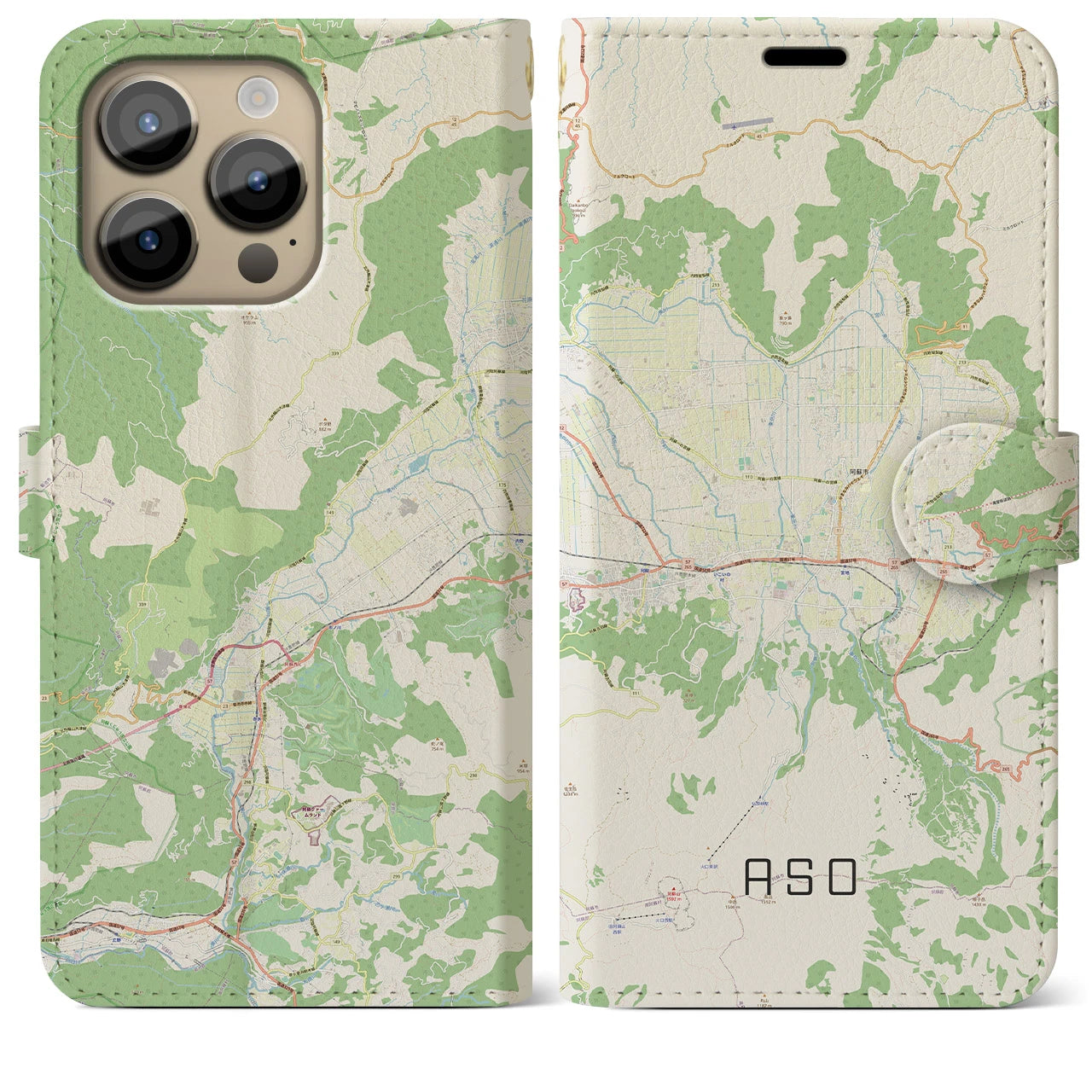 【阿蘇2】地図柄iPhoneケース（手帳両面タイプ・ナチュラル）iPhone 14 Pro Max 用