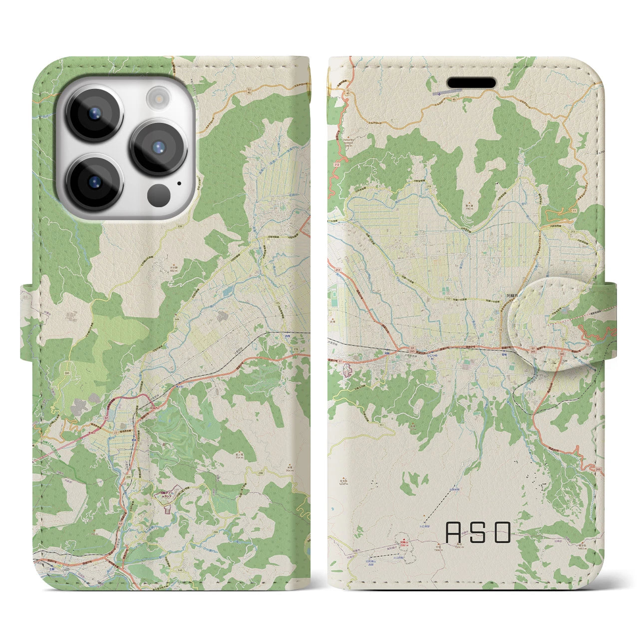 【阿蘇2】地図柄iPhoneケース（手帳両面タイプ・ナチュラル）iPhone 14 Pro 用