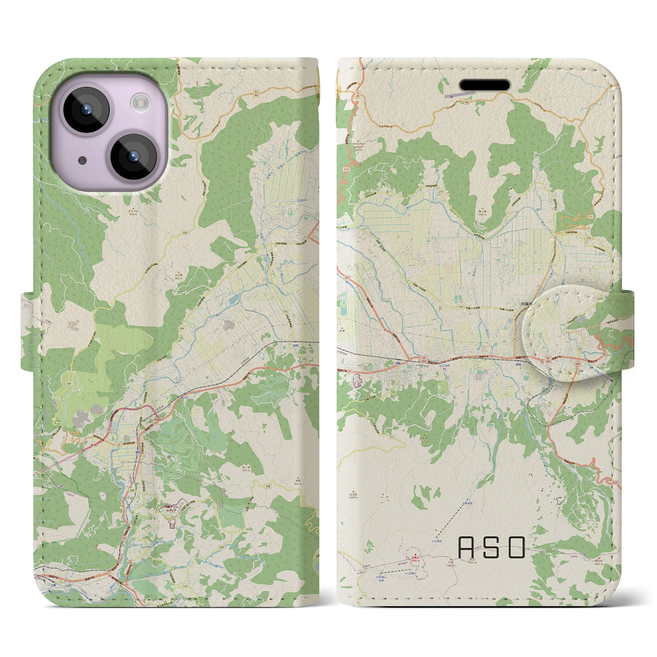 【阿蘇2】地図柄iPhoneケース（手帳両面タイプ・ナチュラル）iPhone 14 用