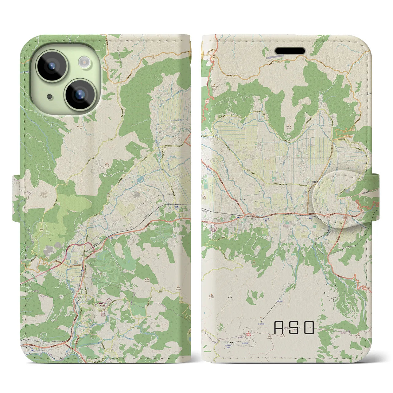 【阿蘇2】地図柄iPhoneケース（手帳両面タイプ・ナチュラル）iPhone 15 用