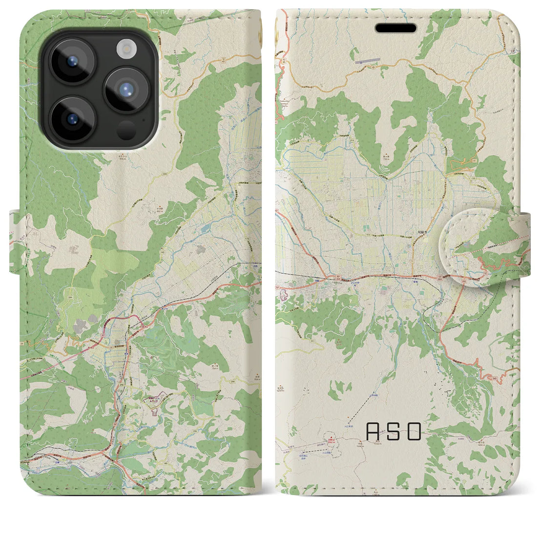 【阿蘇2】地図柄iPhoneケース（手帳両面タイプ・ナチュラル）iPhone 15 Pro Max 用