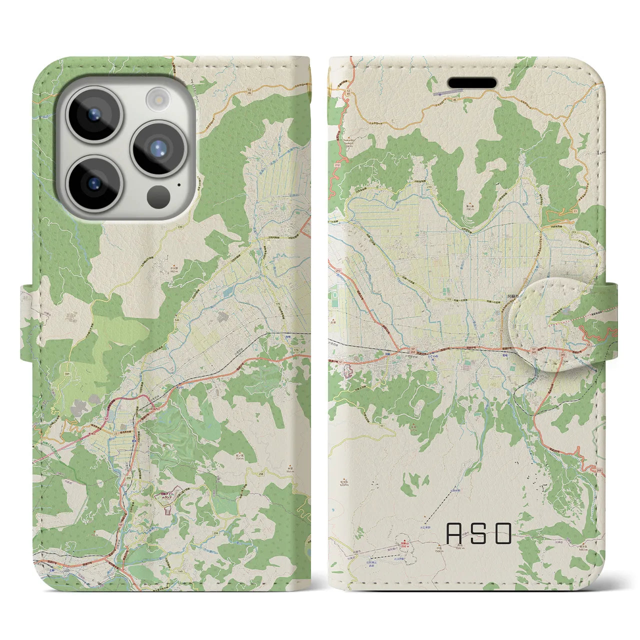 【阿蘇2】地図柄iPhoneケース（手帳両面タイプ・ナチュラル）iPhone 15 Pro 用