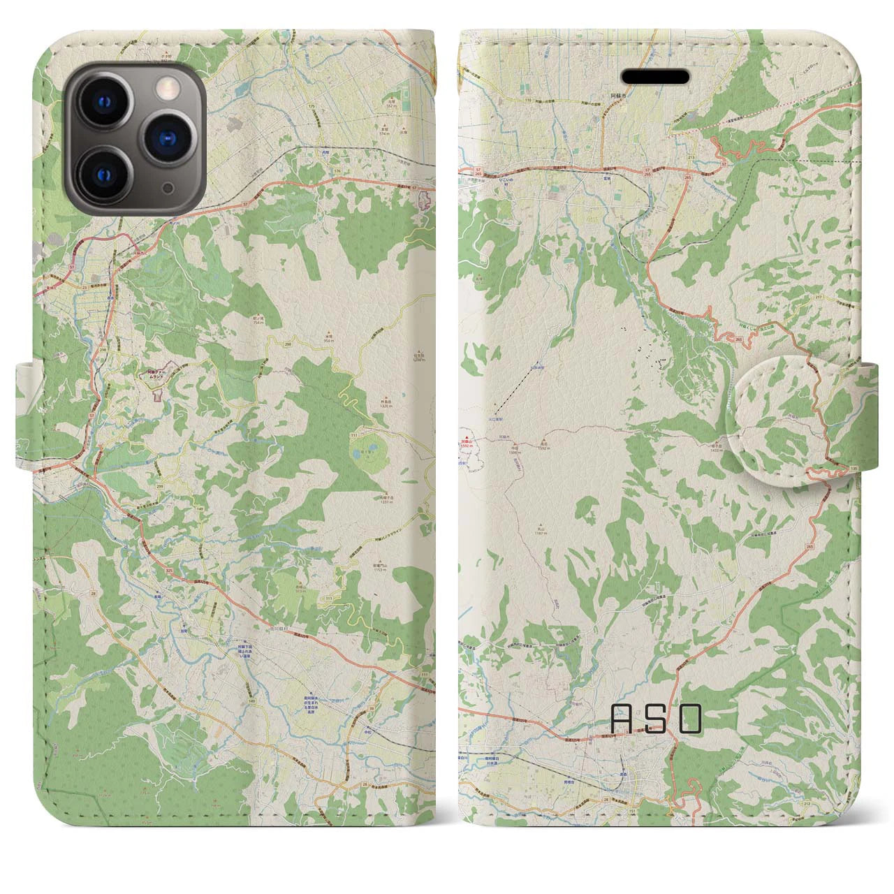 【阿蘇】地図柄iPhoneケース（手帳両面タイプ・ナチュラル）iPhone 11 Pro Max 用