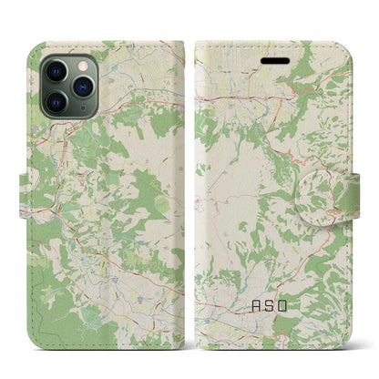 【阿蘇（熊本県）】地図柄iPhoneケース（手帳タイプ）ナチュラル・iPhone 11 Pro 用