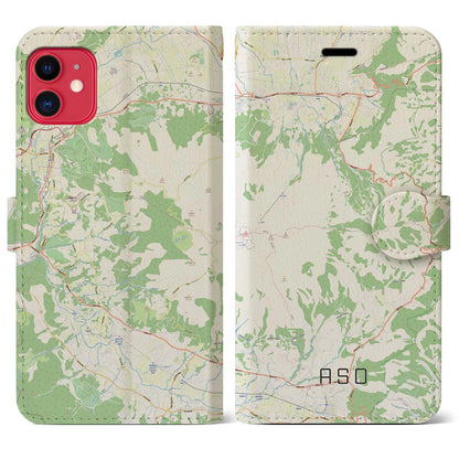 【阿蘇（熊本県）】地図柄iPhoneケース（手帳タイプ）ナチュラル・iPhone 11 用