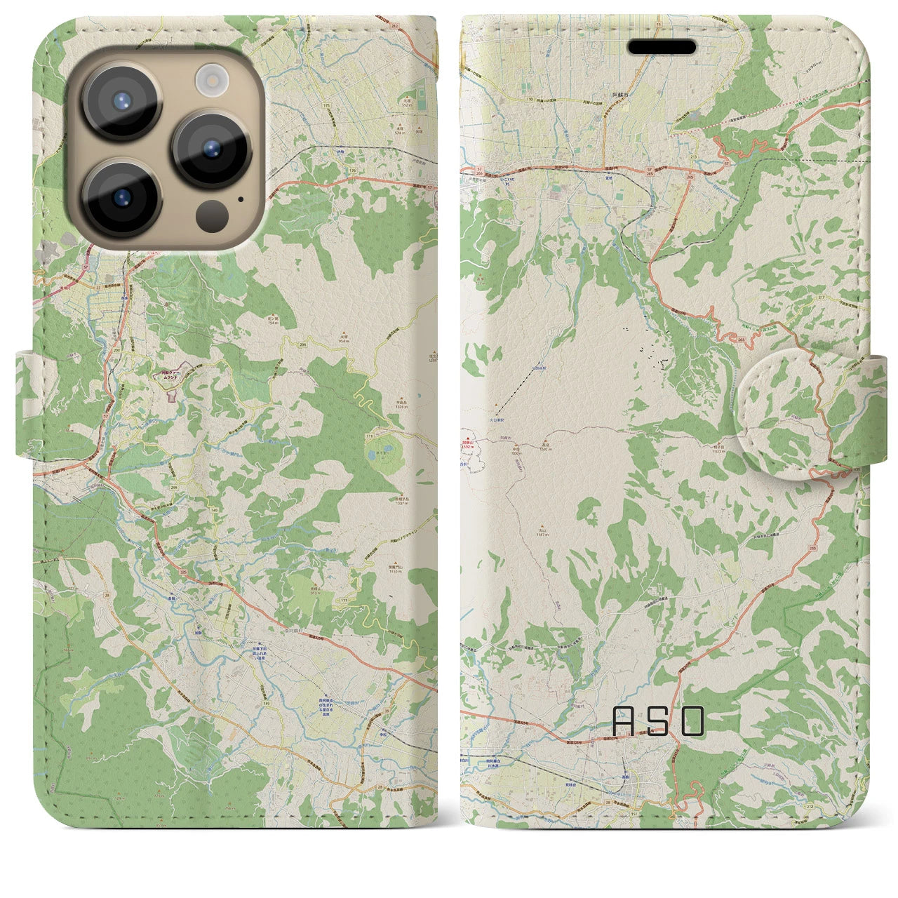 【阿蘇】地図柄iPhoneケース（手帳両面タイプ・ナチュラル）iPhone 14 Pro Max 用