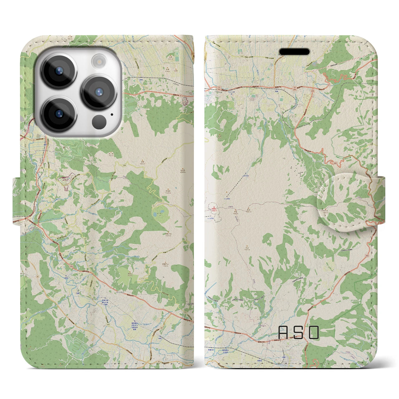 【阿蘇】地図柄iPhoneケース（手帳両面タイプ・ナチュラル）iPhone 14 Pro 用